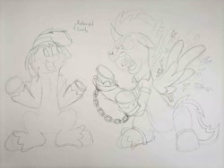 Size: 2000x1500 | Tagged: safe, artist:spoopygirl, rainbow dash, spitfire, pegasus, pony, g4, angry, chains, clothes, cuffed, female, prison outfit, prisoner spitfire, sketch