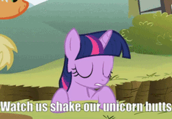 Size: 355x245 | Tagged: safe, edit, edited screencap, screencap, applejack, twilight sparkle, pony, unicorn, feeling pinkie keen, g4, g5, my little pony: a new generation, season 1, animated, butt shake, caption, cropped, cute, ditch, fit right in (g5), gif, hip, image macro, meme, offscreen character, solo focus, tail, tail wag, text, twilight sparkle is not amused, unamused, unicorn twilight, watch us shake our unicorn butts