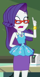 Size: 523x989 | Tagged: safe, screencap, rarity, human, equestria girls, g4, happily ever after party, happily ever after party: rarity, my little pony equestria girls: better together, belt, bracelet, clothes, cropped, cutie mark on clothes, finger up, frilly design, geode of shielding, glasses, gold, hairpin, hand behind back, jewelry, looking offscreen, magical geodes, pencil skirt, pendant, rarity peplum dress, rarity's glasses, skirt, sleeveless, solo, tank top