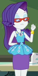 Size: 486x969 | Tagged: safe, screencap, rarity, human, equestria girls, g4, happily ever after party, happily ever after party: rarity, my little pony equestria girls: better together, belt, bracelet, clothes, cropped, cutie mark on clothes, eyes closed, eyeshadow, fist, frilly design, geode of shielding, glasses, hand behind back, jewelry, lip bite, magical geodes, makeup, pencil skirt, pendant, rarity peplum dress, rarity's glasses, skirt, sleeveless, solo, tank top, teeth