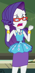 Size: 474x984 | Tagged: safe, screencap, rarity, human, equestria girls, g4, happily ever after party, happily ever after party: rarity, my little pony equestria girls: better together, belt, bracelet, clothes, cropped, cutie mark on clothes, dramatic pose, fist, frilly design, geode of shielding, glasses, jewelry, magical geodes, open mouth, pencil skirt, pendant, rarity peplum dress, rarity's glasses, skirt, sleeveless, solo, tank top