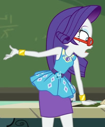 Size: 713x865 | Tagged: safe, screencap, rarity, human, equestria girls, g4, happily ever after party, happily ever after party: rarity, my little pony equestria girls: better together, armpits, belt, bracelet, clothes, cropped, cutie mark on clothes, frilly design, geode of shielding, glasses, hand out, jewelry, magical geodes, open mouth, pencil skirt, pendant, rarity peplum dress, rarity's glasses, side view, skirt, sleeveless, solo, tank top