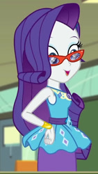 Size: 538x953 | Tagged: safe, screencap, rarity, human, equestria girls, g4, happily ever after party, happily ever after party: rarity, my little pony equestria girls: better together, armpits, belt, bracelet, clothes, cropped, cutie mark on clothes, eyeshadow, female, frilly design, geode of shielding, glasses, hairpin, hand on hip, jewelry, magical geodes, makeup, open mouth, open smile, pencil skirt, pendant, rarity peplum dress, rarity's glasses, side view, skirt, sleeveless, smiling, solo, talking, tank top, turning