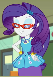 Size: 629x916 | Tagged: safe, screencap, rarity, human, equestria girls, g4, happily ever after party, happily ever after party: rarity, my little pony equestria girls: better together, accessory, belt, bracelet, clothes, cropped, cutie mark on clothes, eyes closed, eyeshadow, frilly design, geode of shielding, glasses, hairpin, hand on hip, jewelry, magical geodes, makeup, pencil skirt, pendant, rarity peplum dress, rarity's glasses, skirt, sleeveless, solo, tank top