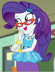 Size: 693x918 | Tagged: safe, screencap, rarity, human, equestria girls, g4, happily ever after party, happily ever after party: rarity, my little pony equestria girls: better together, cropped, female, geode of shielding, glasses, magical geodes, rarity peplum dress, rarity's glasses, solo