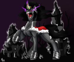 Size: 4203x3508 | Tagged: safe, artist:mekblue, king sombra, umbrum, the crystal empire 10th anniversary, g4, angry, armor, colored horn, crystal, curved horn, horn, magic, muscles, solo, sombra eyes, sombra horn, teeth