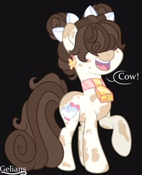 Size: 3325x4096 | Tagged: safe, artist:gelians, artist:pegasisterartmlp, oc, oc only, cow, earth pony, pony, bell, black background, cowbell, earth pony oc, female, open mouth, simple background, solo