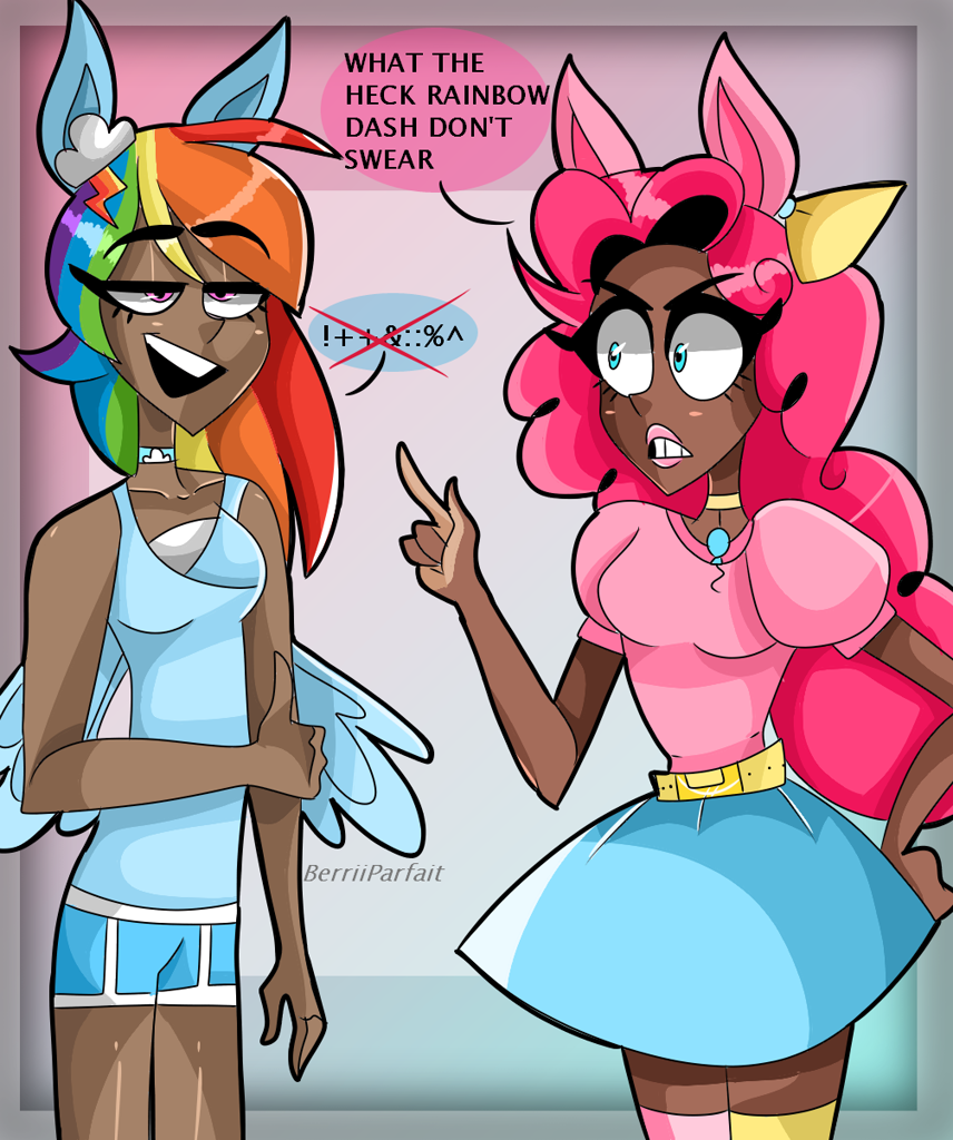 2990084 Safe Artistberriiparfait Pinkie Pie Rainbow Dash Human Dark Skin Dialogue