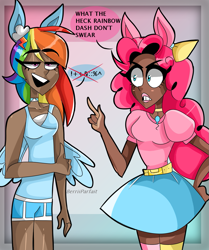 Size: 1005x1202 | Tagged: safe, artist:berriiparfait, pinkie pie, rainbow dash, human, g4, dark skin, dialogue, eared humanization, humanized, speech bubble, what the heck rainbow dash don't swear, winged humanization, wings