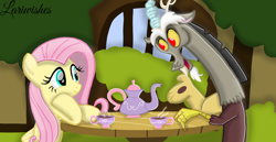 Size: 1980x1020 | Tagged: safe, artist:mlplary6, discord, fluttershy, draconequus, pony, g4, cup, female, food, looking at each other, looking at someone, male, mare, ship:discoshy, shipping, signature, smiling, straight, tea, teacup