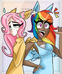 Size: 1005x1202 | Tagged: safe, artist:berriiparfait, fluttershy, rainbow dash, human, g4, dark skin, duo, eared humanization, female, humanized, open mouth, winged humanization, wings