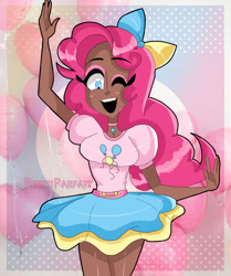 Size: 1005x1202 | Tagged: safe, artist:berriiparfait, pinkie pie, human, g4, clothes, dark skin, female, humanized, open mouth, skirt, solo
