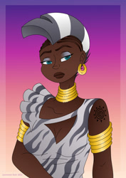 Size: 1280x1810 | Tagged: safe, artist:lavenderrain24, zecora, human, zebra, g4, african, breasts, busty zecora, cleavage, clothes, dark skin, dress, ear piercing, earring, female, gradient background, humanized, jewelry, mohawk, neck rings, piercing, solo, zebra stripes