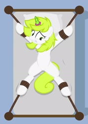 Size: 1536x2166 | Tagged: safe, artist:equestria secret guard, oc, oc only, oc:mask薇薰, pony, unicorn, armpits, bed, belly button, bondage, eyebrows, featureless crotch, female, frown, helpless, horn, horn ring, lying down, magic suppression, on back, on bed, ring, rope, rope bondage, scared, sexy, solo, spread eagle, teeth, tied to bed, tied up, unicorn oc