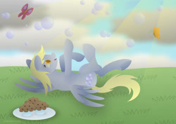 Size: 1024x725 | Tagged: safe, artist:lavenderrain24, derpy hooves, butterfly, pegasus, pony, g4, female, lying down, on back, solo