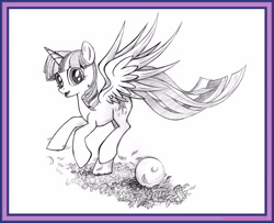 Size: 3923x3192 | Tagged: safe, artist:uminanimu, twilight sparkle, alicorn, pony, g4, ball, female, high res, leaves, monochrome, solo, spread wings, traditional art, twilight sparkle (alicorn), wings