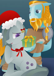 Size: 1280x1811 | Tagged: safe, artist:lavenderrain24, marble pie, rockhoof, earth pony, pony, g4, christmas, crack shipping, duo, female, hat, holiday, male, marblehoof, present, santa hat, shipping, stallion, straight