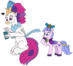 Size: 2614x2340 | Tagged: safe, artist:supahdonarudo, queen haven, queen novo, classical hippogriff, hippogriff, pegasus, pony, series:novoember, g4, g5, my little pony: the movie, confused, crown, female, generation leap, high res, holding, jewelry, mare, phone, regalia, simple background, transparent background