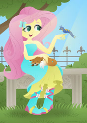 Size: 1280x1811 | Tagged: safe, artist:lavenderrain24, fluttershy, bird, butterfly, fox, human, equestria girls, g4, bare shoulders, boots, clothes, dress, fall formal outfits, female, shoes, sleeveless, sleeveless dress, solo, strapless