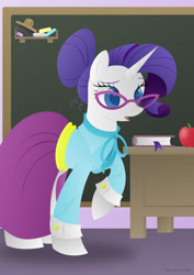 Size: 1280x1811 | Tagged: safe, artist:lavenderrain24, rarity, pony, unicorn, g4, chalkboard, clothes, female, schoolmarm rarity, solo, teacher