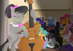 Size: 1280x906 | Tagged: safe, artist:lavenderrain24, octavia melody, earth pony, pony, g4, bow, bow (instrument), cello, cello bow, clothes, eyes closed, female, hair bow, hoof hold, mare, musical instrument, neck bow, ponytail, smiling, spectacles, suit