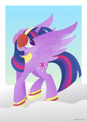 Size: 1280x1811 | Tagged: safe, artist:lavenderrain24, twilight sparkle, alicorn, pony, g4, clothes, cute, earmuffs, female, looking back, looking up, raised leg, scarf, snow, solo, spread wings, twilight sparkle (alicorn), wings, winter