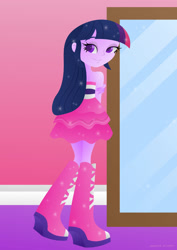 Size: 1280x1811 | Tagged: safe, artist:lavenderrain24, twilight sparkle, human, equestria girls, g4, clothes, dress, fall formal outfits, female, legs, mirror, sleeveless, sleeveless dress, smiling, solo