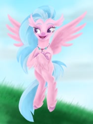 Size: 720x960 | Tagged: safe, artist:lavenderrain24, silverstream, hippogriff, g4, cloud, female, grass, grass field, jewelry, necklace, sky, solo