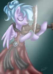 Size: 683x960 | Tagged: safe, artist:lavenderrain24, oc, oc only, oc:lavender rain, pegasus, pony, bipedal, female, hoof hold, musical instrument, violin