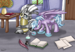 Size: 1200x832 | Tagged: safe, artist:lavenderrain24, zecora, oc, oc:lavender rain, pegasus, pony, zebra, g4, duo, female, glowing, glowing hooves, magic, pegasus magic, pegasus oc