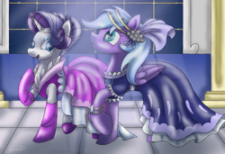 Size: 960x655 | Tagged: safe, artist:lavenderrain24, rarity, oc, oc:lavender rain, pegasus, pony, unicorn, g4, clothes, dress, duo, female, gala dress, pegasus oc