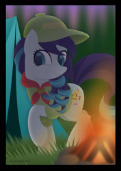 Size: 1280x1810 | Tagged: safe, artist:lavenderrain24, coloratura, earth pony, pony, g4, campfire, camping, female, filly coloratura, filly guides, hat, raised hoof, smiling, solo, tent