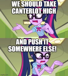 Size: 500x562 | Tagged: safe, edit, edited screencap, editor:megalobronia, screencap, sci-twi, twilight sparkle, human, equestria girls, g4, my little pony equestria girls: choose your own ending, stressed in show, stressed in show: pinkie pie, caption, glasses, image macro, imgflip, meme, push it somewhere else patrick, sandy spongebob and the worm, spongebob squarepants, text