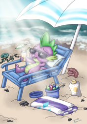 Size: 1240x1754 | Tagged: safe, artist:lavenderrain24, spike, dragon, g4, beach, drink, drinking straw, fangs, male, sand, solo, sunbathing, sunglasses, sunscreen, tongue out, towel, water