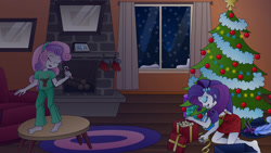 Size: 1192x670 | Tagged: safe, artist:lavenderrain24, rarity, sweetie belle, human, equestria girls, g4, barefoot, candy, candy cane, christmas, christmas tree, clothes, duo, feet, female, food, holiday, nightgown, pajamas, singing, sleepwalking, tree