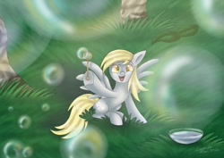 Size: 1754x1240 | Tagged: safe, artist:lavenderrain24, derpy hooves, pegasus, pony, blowing bubbles, bubble, bubble wand, cute, derpabetes, female, happy, hoof hold, mare, open mouth, open smile, smiling, solo, spread wings, wings