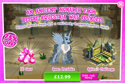 Size: 1957x1297 | Tagged: safe, gameloft, idw, queen parabola, alicorn, pony, zebra, zebra alicorn, g4, my little pony: magic princess, advertisement, bridge, costs real money, ear piercing, earring, english, female, fire, gem, horn, horn ring, idw showified, introduction card, jewelry, mare, necklace, numbers, palm tree, piercing, pillar, ring, sale, solo, spread wings, text, tree, wings