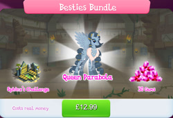 Size: 1267x861 | Tagged: safe, gameloft, idw, queen parabola, alicorn, pony, zebra, zebra alicorn, g4, my little pony: magic princess, besties bundle, bridge, bundle, costs real money, ear piercing, earring, english, female, fire, gem, horn, horn ring, idw showified, jewelry, mare, necklace, numbers, palm tree, piercing, pillar, ring, sale, solo, spread wings, text, tree, wings