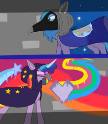 Size: 2093x2388 | Tagged: safe, artist:madtown97, izzy moonbow, oc, oc:oleander nightshade, oc:olly, earth pony, pony, unicorn, g5, my little pony: tell your tale, sneaksy strikes again, spoiler:g5, spoiler:my little pony: tell your tale, spoiler:tyts01e34, clothes, earth pony oc, female, high res, hoodie, male, mare, plague doctor, plague doctor mask, sneaksy, split screen, spray paint, standoff, street art, two sides