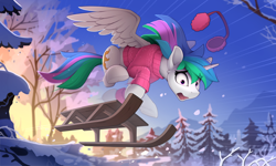 Size: 2500x1504 | Tagged: safe, artist:yakovlev-vad, princess celestia, alicorn, pony, clothes, earmuffs, eye clipping through hair, female, forest, lacrimal caruncle, majestic as fuck, mare, open mouth, sled, snow, spread wings, sweater, this will end in pain, wings, winter