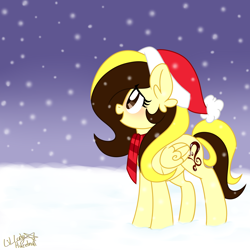 Size: 3000x3000 | Tagged: safe, artist:ladylullabystar, oc, oc only, oc:guylian, pegasus, pony, christmas, clothes, female, hat, high res, holiday, mare, santa hat, scarf, snow, snowfall, solo, striped scarf
