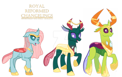 Size: 1280x807 | Tagged: safe, artist:hate-love12, ocellus, pharynx, thorax, changedling, changeling, g4, deviantart watermark, female, jewelry, king thorax, male, obtrusive watermark, older, older ocellus, prince pharynx, simple background, transparent background, watermark