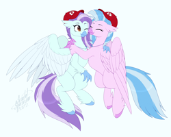 Size: 3634x2912 | Tagged: safe, artist:scarlet-spectrum, silverstream, oc, oc:ocean breeze, oc:ocean breeze (savygriffs), hippogriff, g4, canon x oc, cute, diastreamies, duo, duo female, female, freckles, happy, hat, high res, hippogriff oc, hug, jewelry, kansas city chiefs, lesbian, necklace, ship:oceanstream, smiling