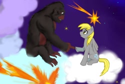 Size: 1280x860 | Tagged: safe, artist:tielgar, derpy hooves, gorilla, pegasus, pony, g4, beast wars, crackshipping, duo, female, male, optimus primal, shipping, shooting star, straight, transformers