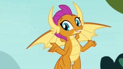 Size: 1920x1080 | Tagged: safe, screencap, smolder, dragon, g4, school daze, season 8, 1080p, cute, dragoness, female, flying, looking at you, smiling, smolderbetes, solo