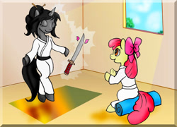 Size: 800x575 | Tagged: safe, artist:tielgar, apple bloom, oc, oc:ebony darkness, earth pony, pony, unicorn, g4, bipedal, dojo, duo, eyes closed, female, gi, glowing, glowing horn, horn, magic, sword, telekinesis, unicorn oc, weapon