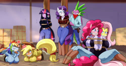 Size: 2477x1306 | Tagged: safe, artist:traupa, applejack, fluttershy, pinkie pie, rainbow dash, rarity, spike, twilight sparkle, anthro, unguligrade anthro, g4, back to back, bondage, bound and gagged, bound together, breasts, cleave gag, cloth gag, cowgirl, female, flannel shirt, gag, hogtied, kidnapped, mane six, pole tied, tied up, western