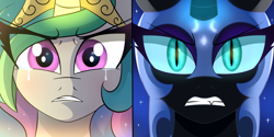 Size: 4200x2100 | Tagged: safe, artist:ladyluna2, nightmare moon, princess celestia, pony, g4, crying, duo, gritted teeth, teeth