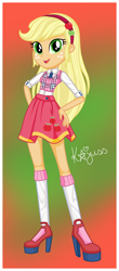 Size: 1384x3144 | Tagged: safe, artist:machakar52, applejack, human, equestria girls, g4, alternate hairstyle, clothes, cutie mark on clothes, female, headband, high heels, kneesocks, long hair, looking at you, necktie, school uniform, shoes, socks, solo, winx club