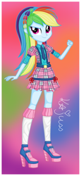 Size: 1448x3160 | Tagged: safe, artist:machakar52, rainbow dash, human, equestria girls, g4, alternate hairstyle, clothes, female, hair braid, high heels, kneesocks, long hair, looking at you, necktie, school uniform, shoes, socks, solo, winx club